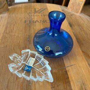 Colbalt blue blown glass vase made in italy and a 24% crystal leaf trinket dish